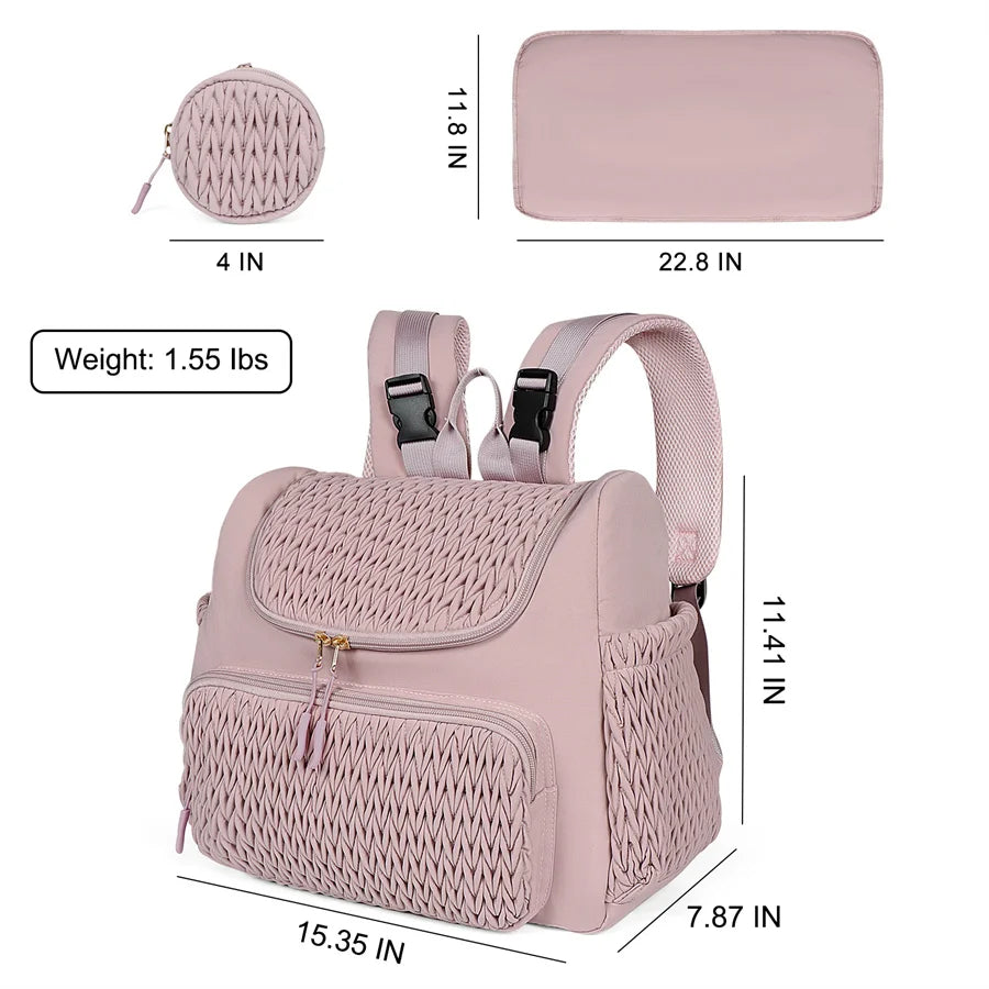 Fiche technique montrant le poids leger et les mesures precises du sac a langer rose, de la pochette et du matelas a langer.