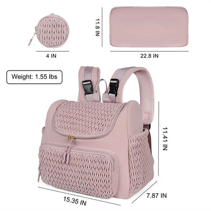 Fiche technique montrant le poids leger et les mesures precises du sac a langer rose, de la pochette et du matelas a langer.