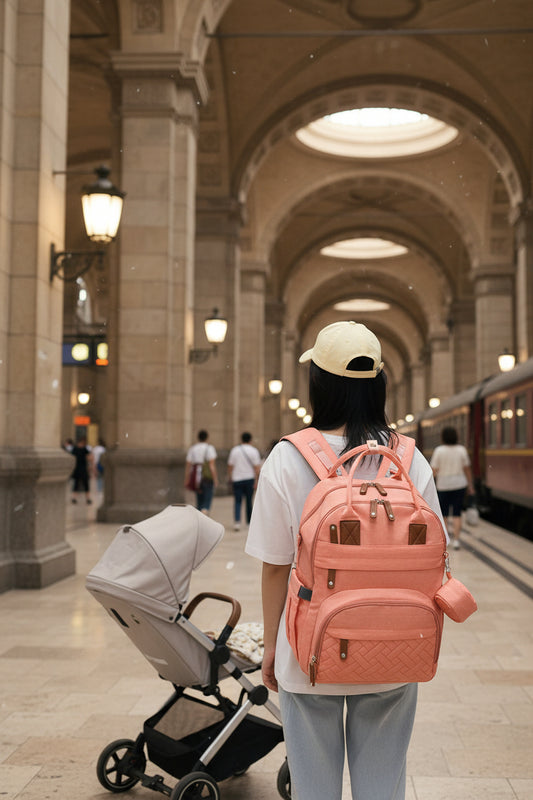 Maman portant le sac a langer rose en mode sac a dos, les mains libres pour s'occuper de bebe lors des sorties quotidiennes.