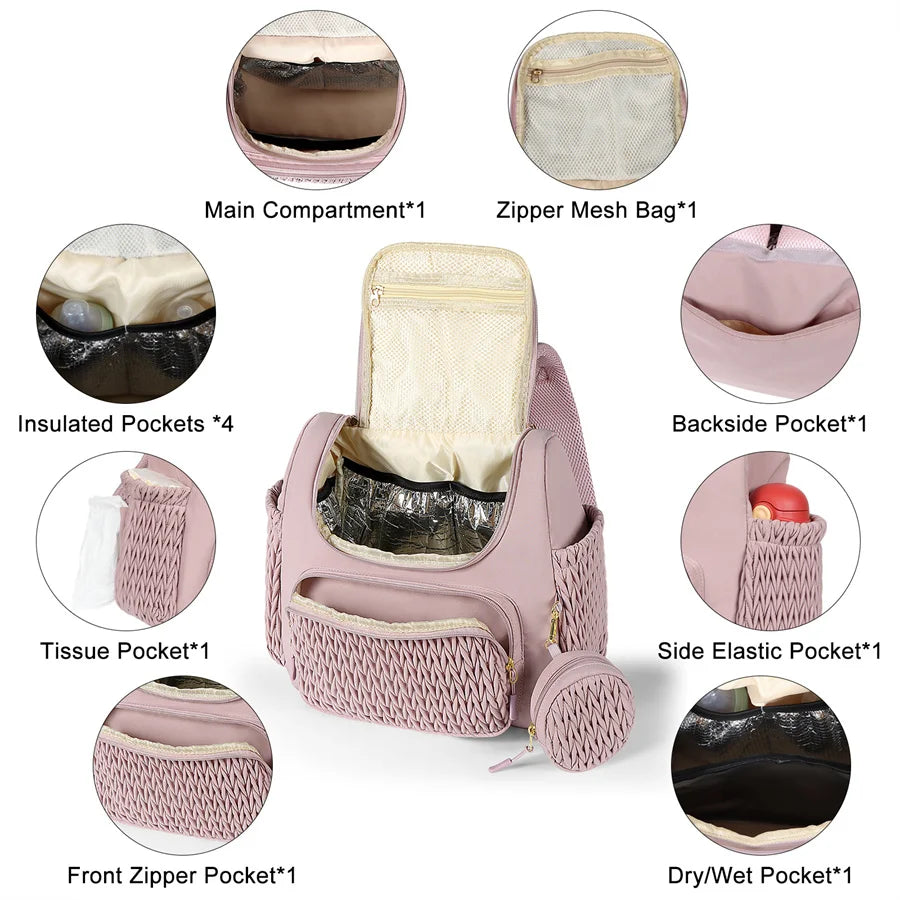 Presentation des nombreuses poches du sac a langer rose : compartiment principal, poches isothermes, poche mouchoirs et poche sec humide.