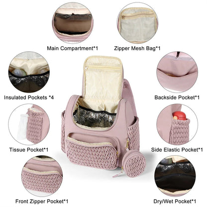 Presentation des nombreuses poches du sac a langer rose : compartiment principal, poches isothermes, poche mouchoirs et poche sec humide.