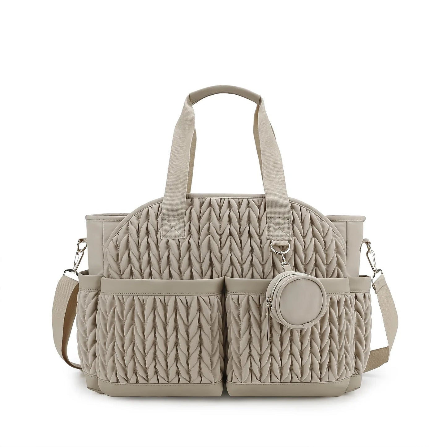 Sac a langer beige spacieux avec poches exterieures et pochette tetine, coloris neutre passe partout