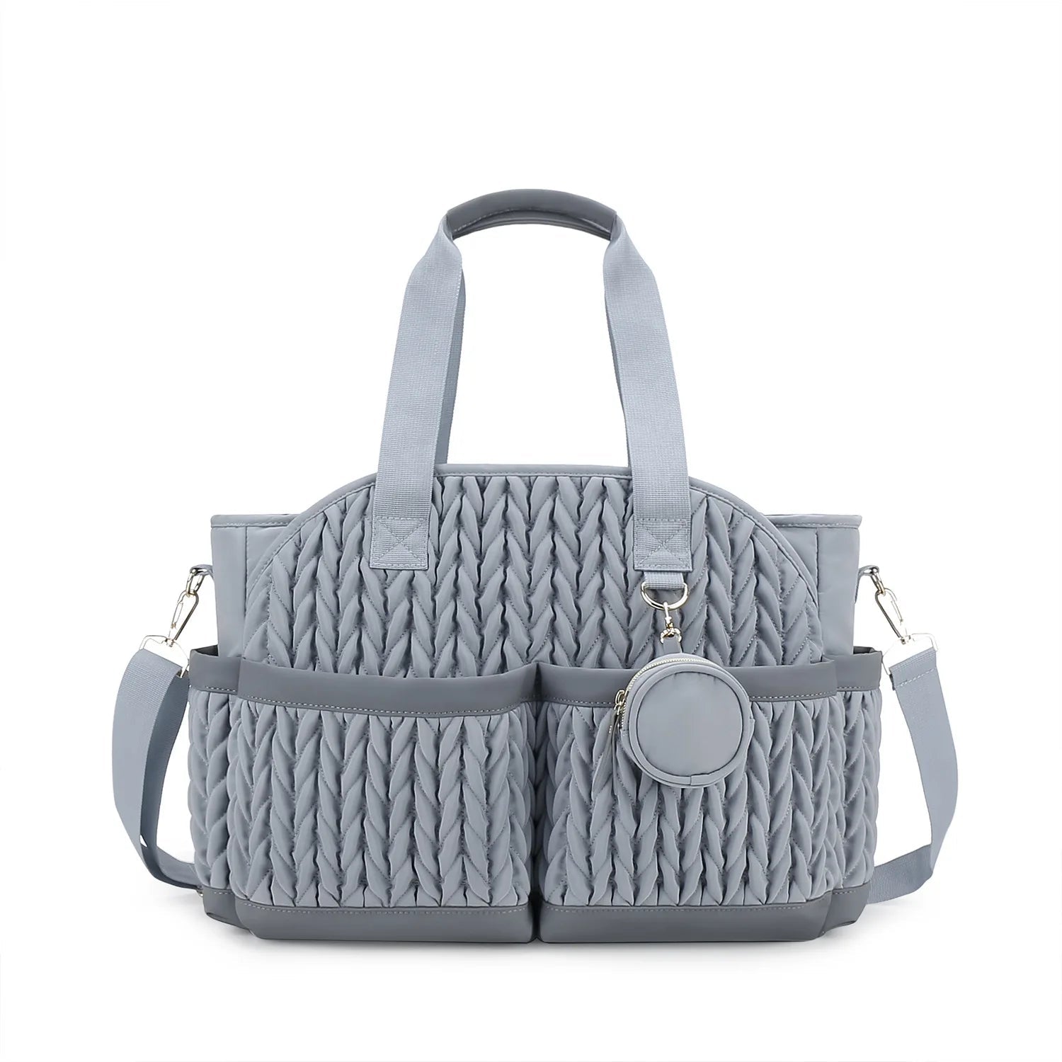 Sac a langer gris avec multiples poches frontales et petite pochette ronde detachable pour les accessoires