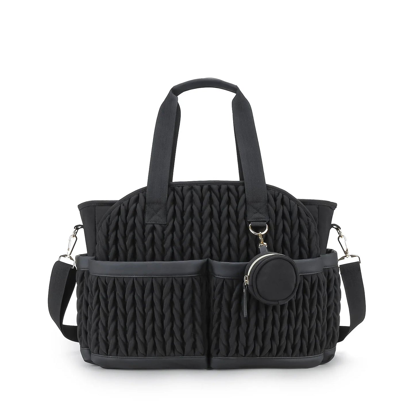 Sac a langer matelasse coloris noir avec pochette tetine assortie, look chic pour sortie avec bebe