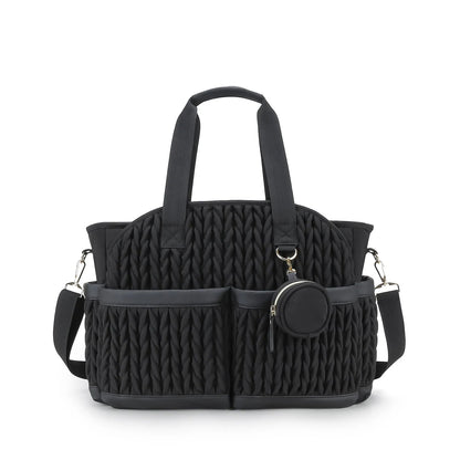 Sac a langer matelasse coloris noir avec pochette tetine assortie, look chic pour sortie avec bebe