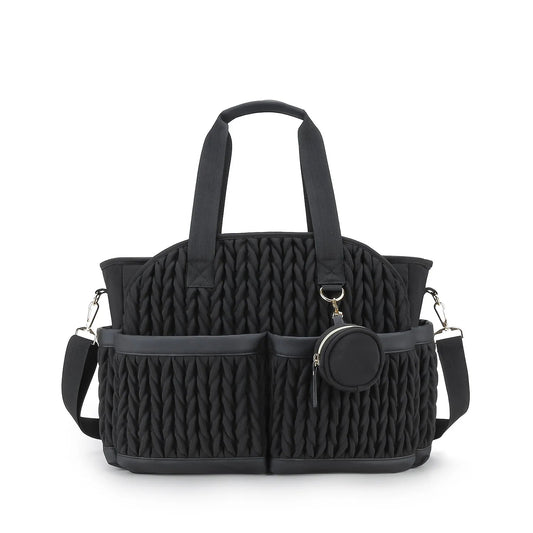 Sac a langer matelasse coloris noir avec pochette tetine assortie, look chic pour sortie avec bebe