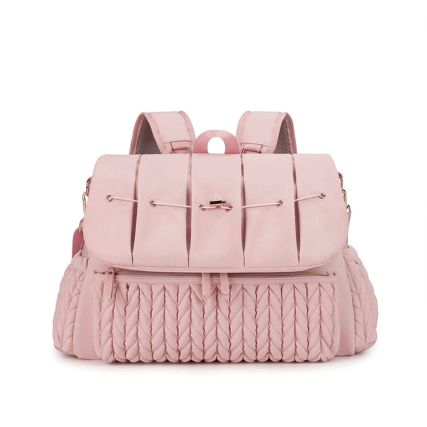 Sac a langer rose au design elegant avec matelassage texture, ideal pour les jeunes parents soucieux du style