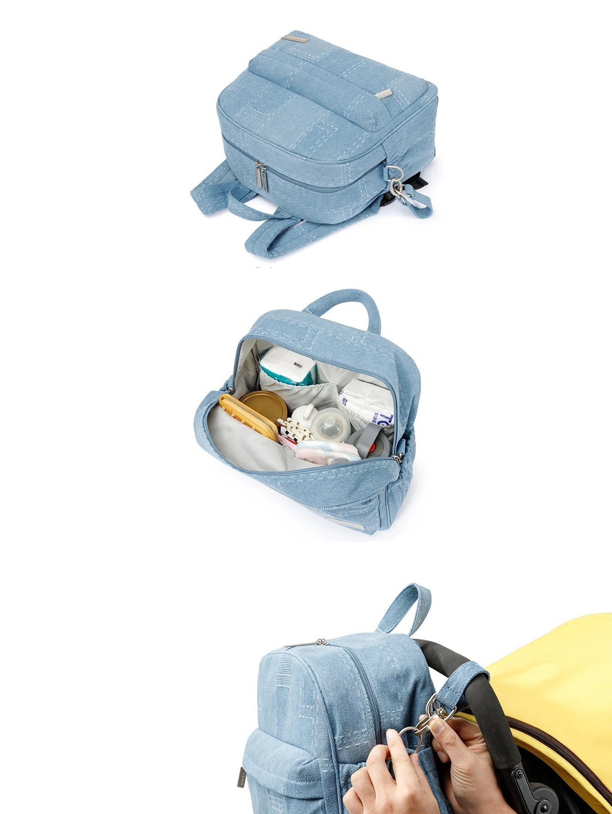 Gros plan sur l'interieur compartimente du sac bleu et sur le systeme de clip qui permet de l'accrocher rapidement a la poussette.