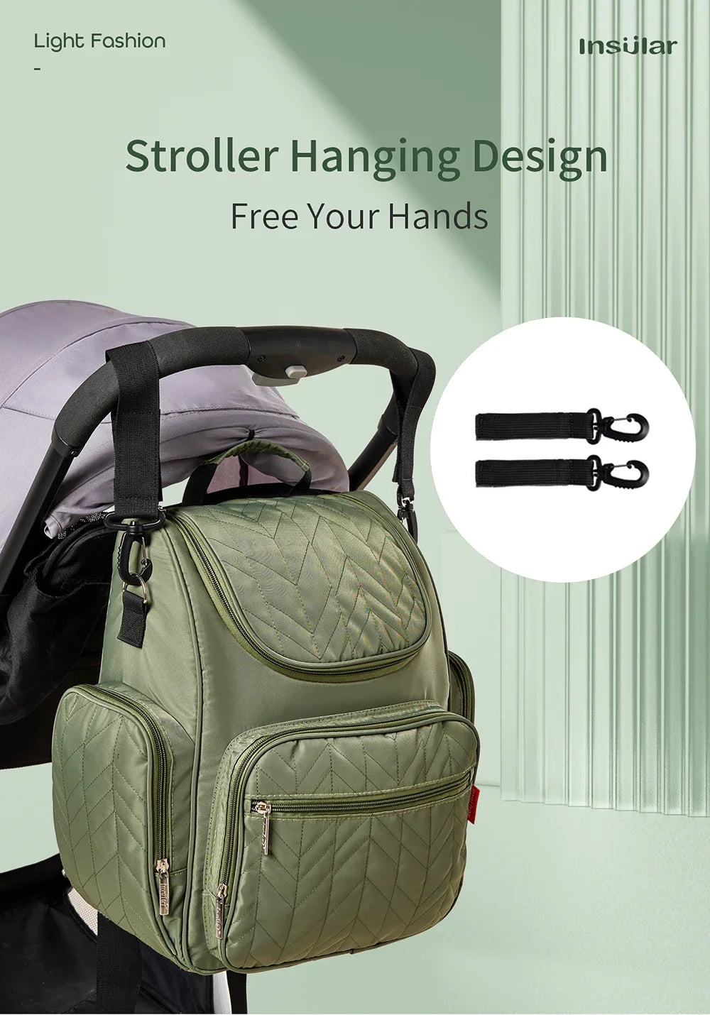 Systeme de crochets permettant de suspendre le sac a la poussette pour se deplacer plus librement.