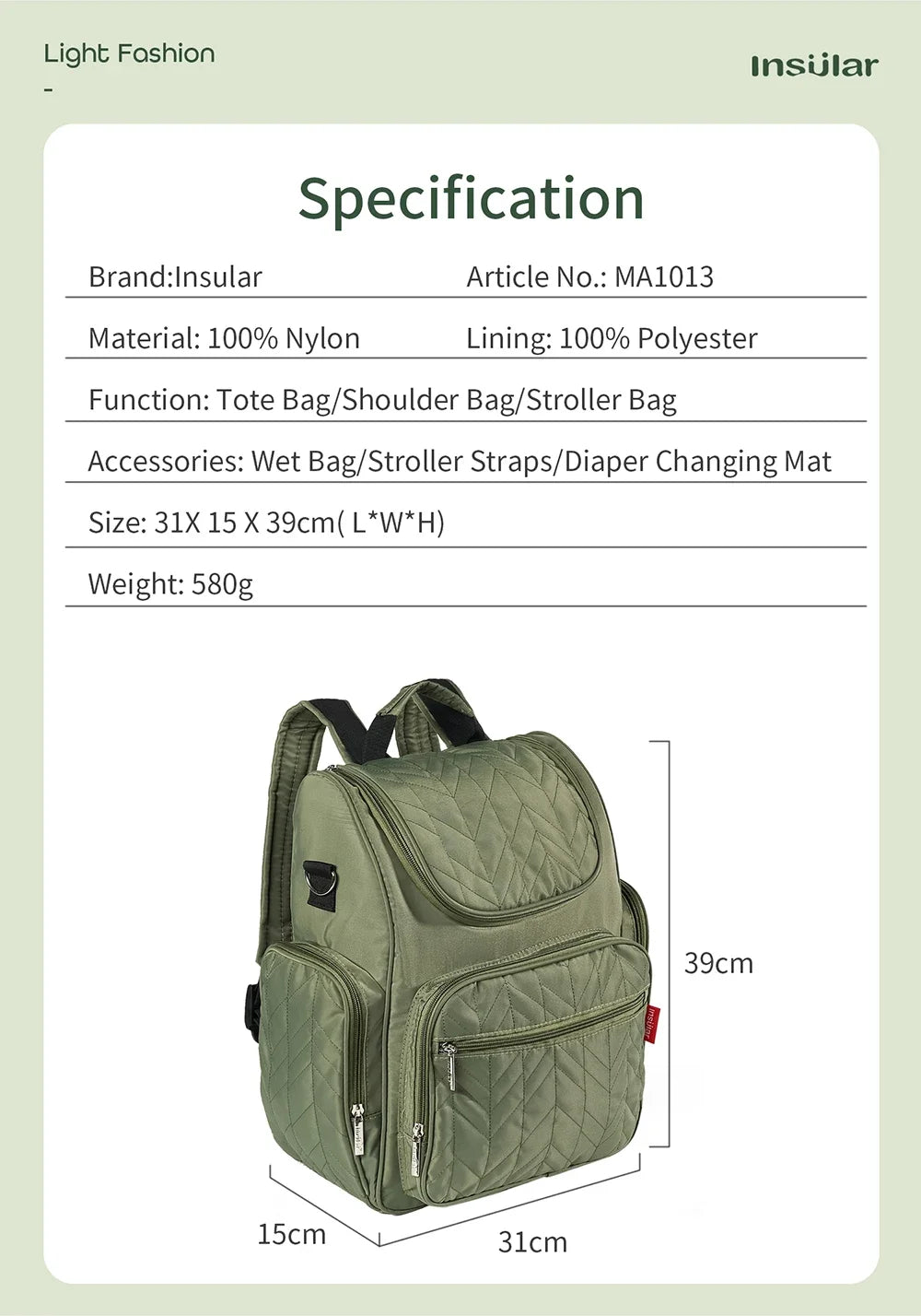 Fiche technique precisant les dimensions, matieres et accessoires fournis avec le sac a langer.