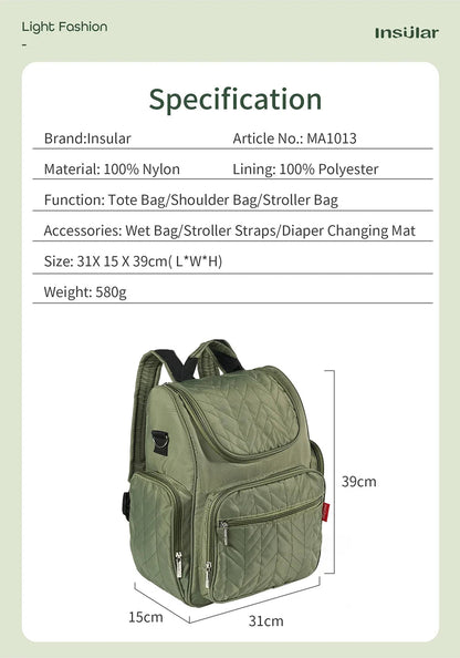 Fiche technique precisant les dimensions, matieres et accessoires fournis avec le sac a langer.