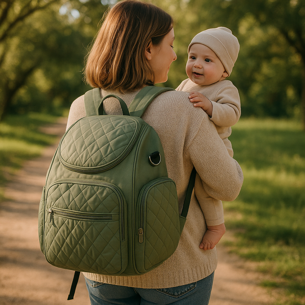 Maman promenant son bebe en portant le sac a langer sur le dos, gardant les mains libres pour son enfant.