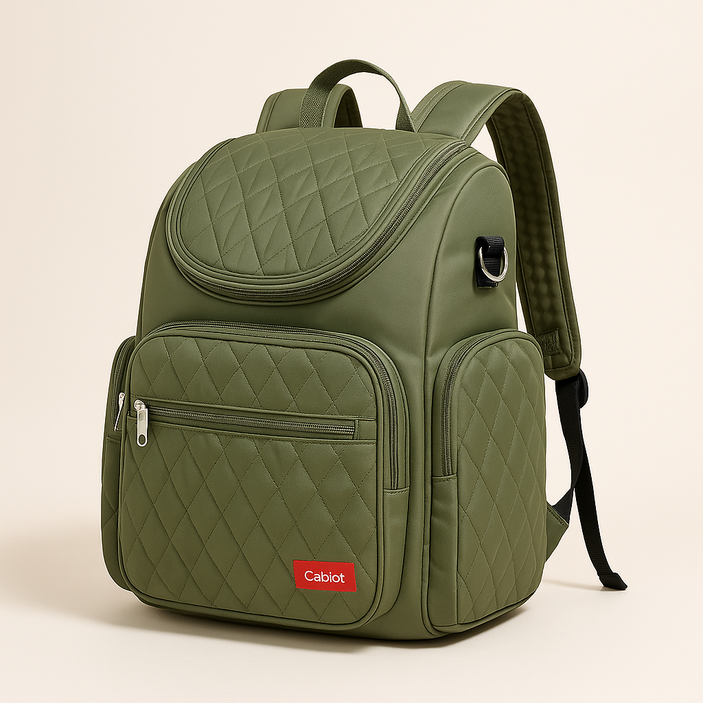 Sac a langer sac a dos vert kaki matelasse au design elegant, ideal pour les parents en deplacement.