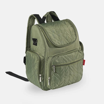 Sac a langer sac a dos vert olive vu de trois quarts, un accessoire discret et raffine pour les sorties.
