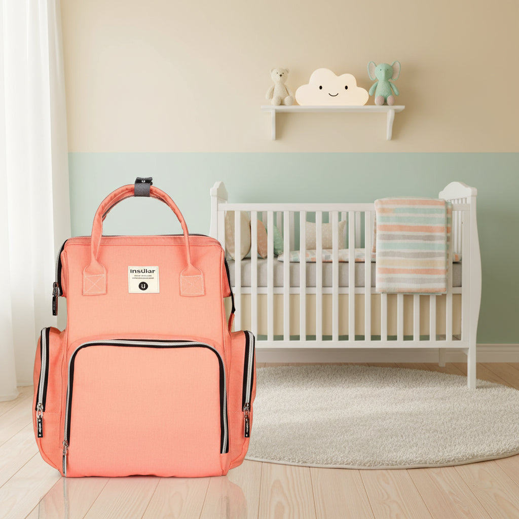 Sac a langer a dos couleur corail peche lumineux, ideal pour un accessoire pratique et coloré au quotidien.