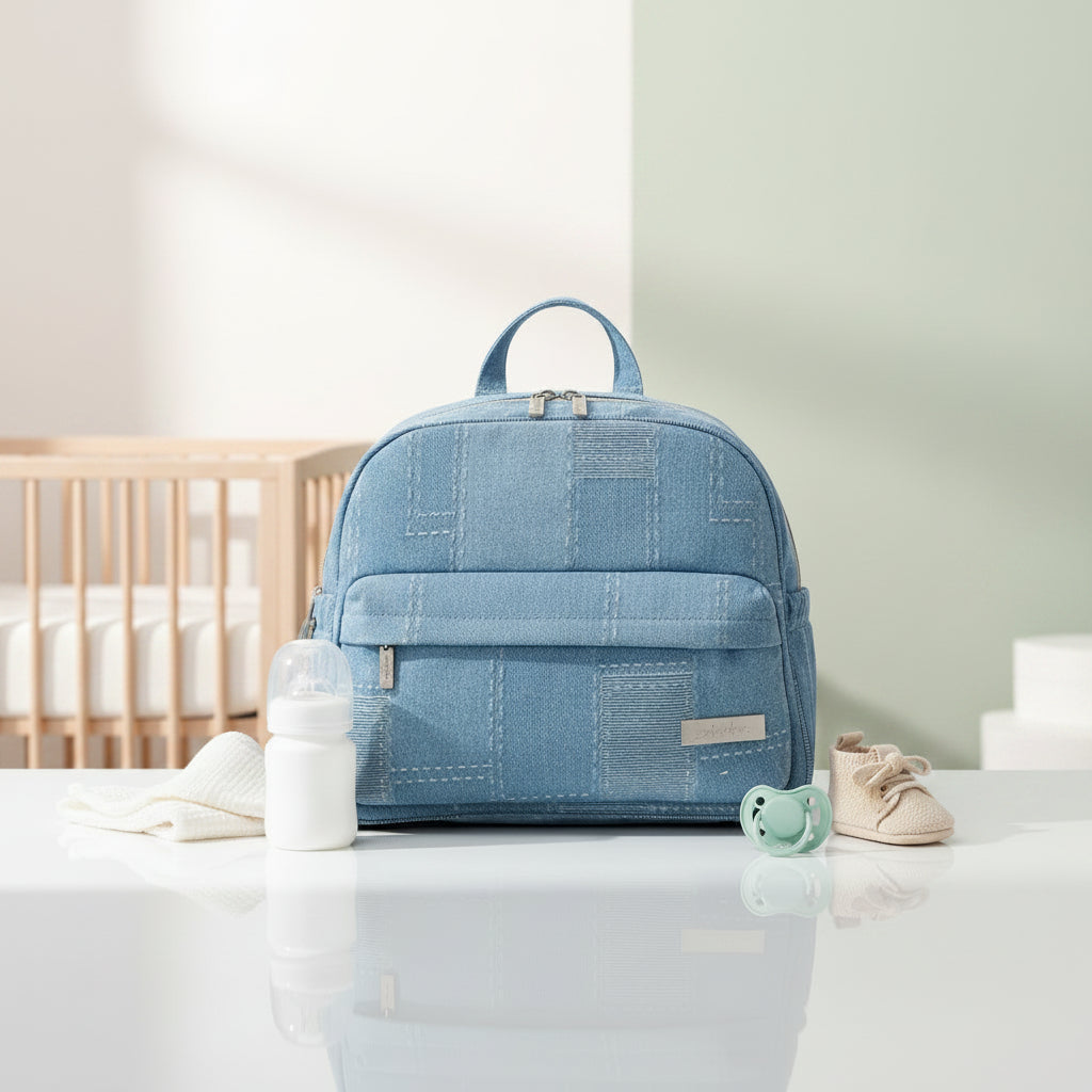 Sac a langer sac a dos en denim bleu clair delave, un design tendance et leger a porter au quotidien avec bebe.