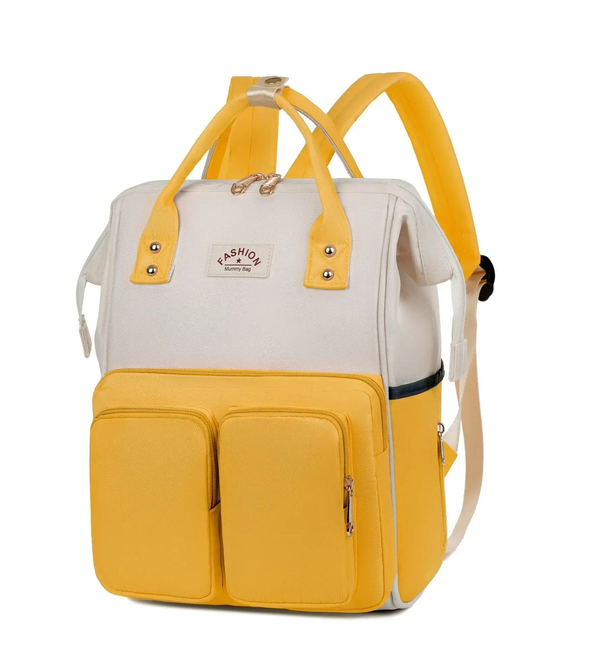 Sac a langer sac a dos en jaune vif et blanc avec doubles poches avant, une touche de couleur pratique pour les promenades avec bebe.