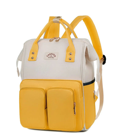 Sac a langer sac a dos en jaune vif et blanc avec doubles poches avant, une touche de couleur pratique pour les promenades avec bebe.