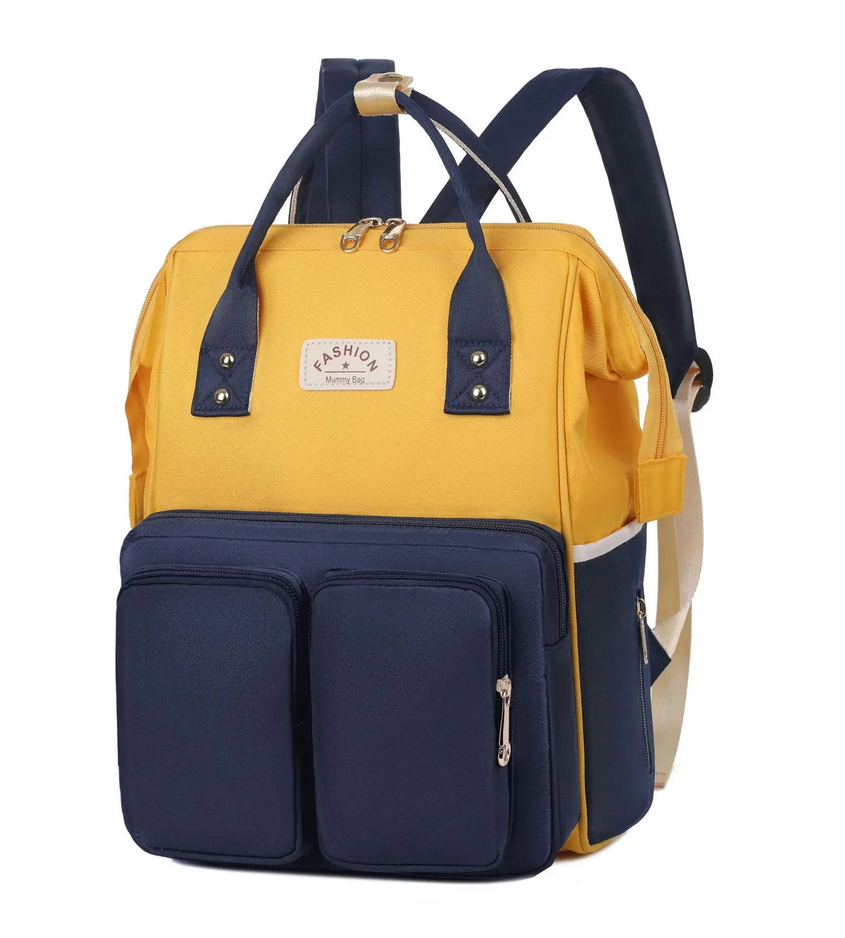 Sac a langer sac a dos bicolore jaune moutarde et bleu marine, tissu deperlant facile a nettoyer apres les petits accidents.