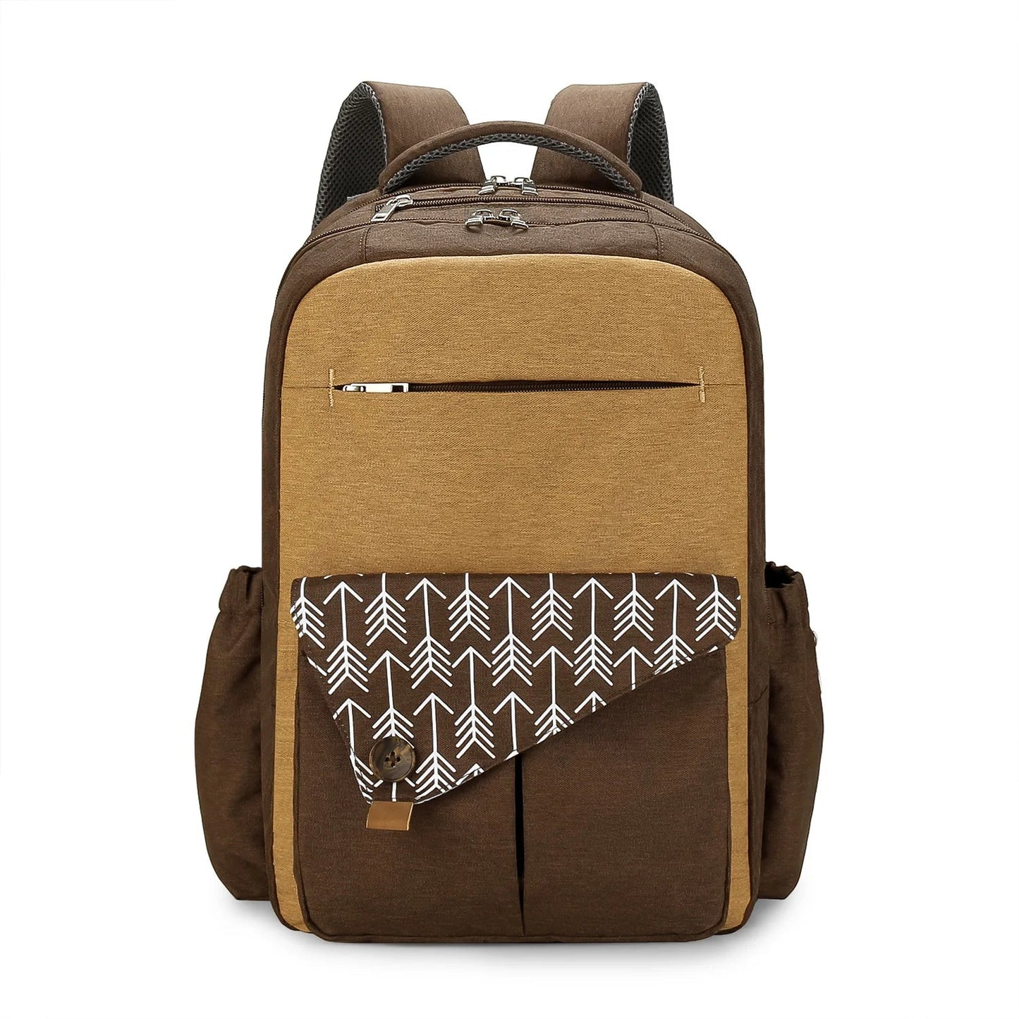Sac a langer a dos marron camel avec poche zippee frontale securisee pour garder cles et telephone accessibles lors des deplacements.