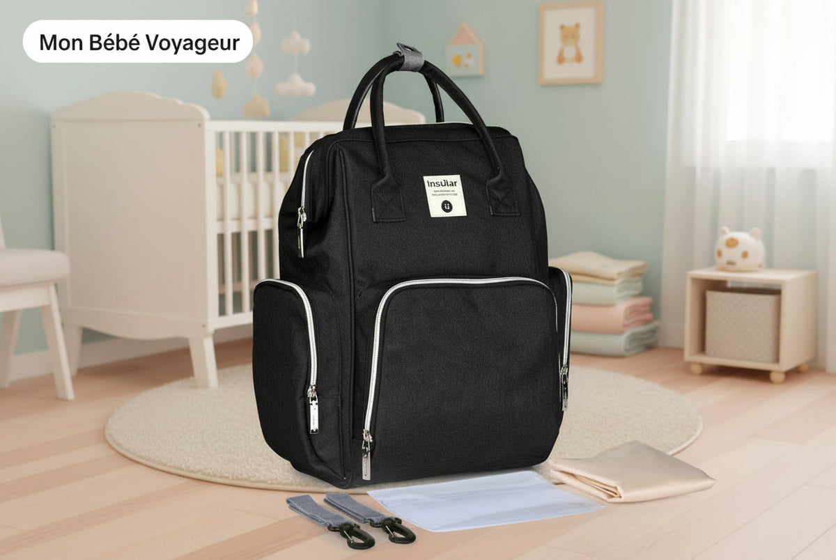 Version noire du sac a langer a dos fournie avec son matelas a langer, ses crochets poussette et sa pochette de rangement.
