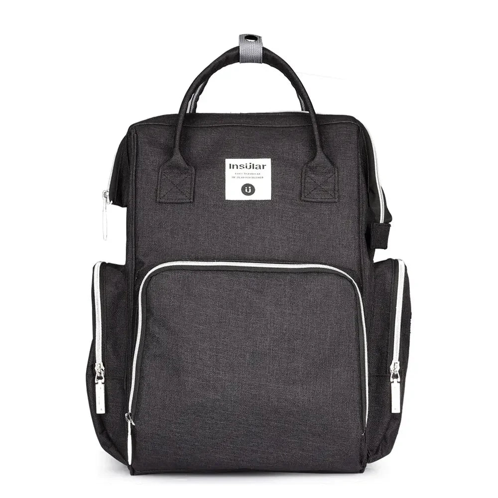 Sac a langer a dos noir chine intemporel avec poches laterales pour bouteilles et rangement optimise.