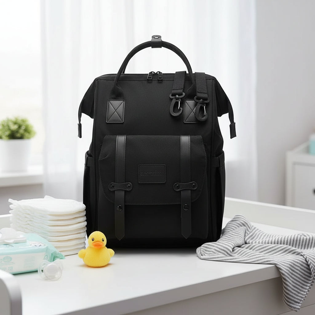 Sac a langer sac a dos noir elegant avec crochets de poussette offerts, ideal pour les parents actifs en deplacement au quotidien.