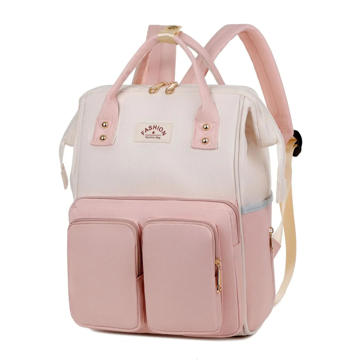 Sac a langer sac a dos en rose poudre et ecru, un accessoire elegant qui accompagne les jeunes parents au quotidien.
