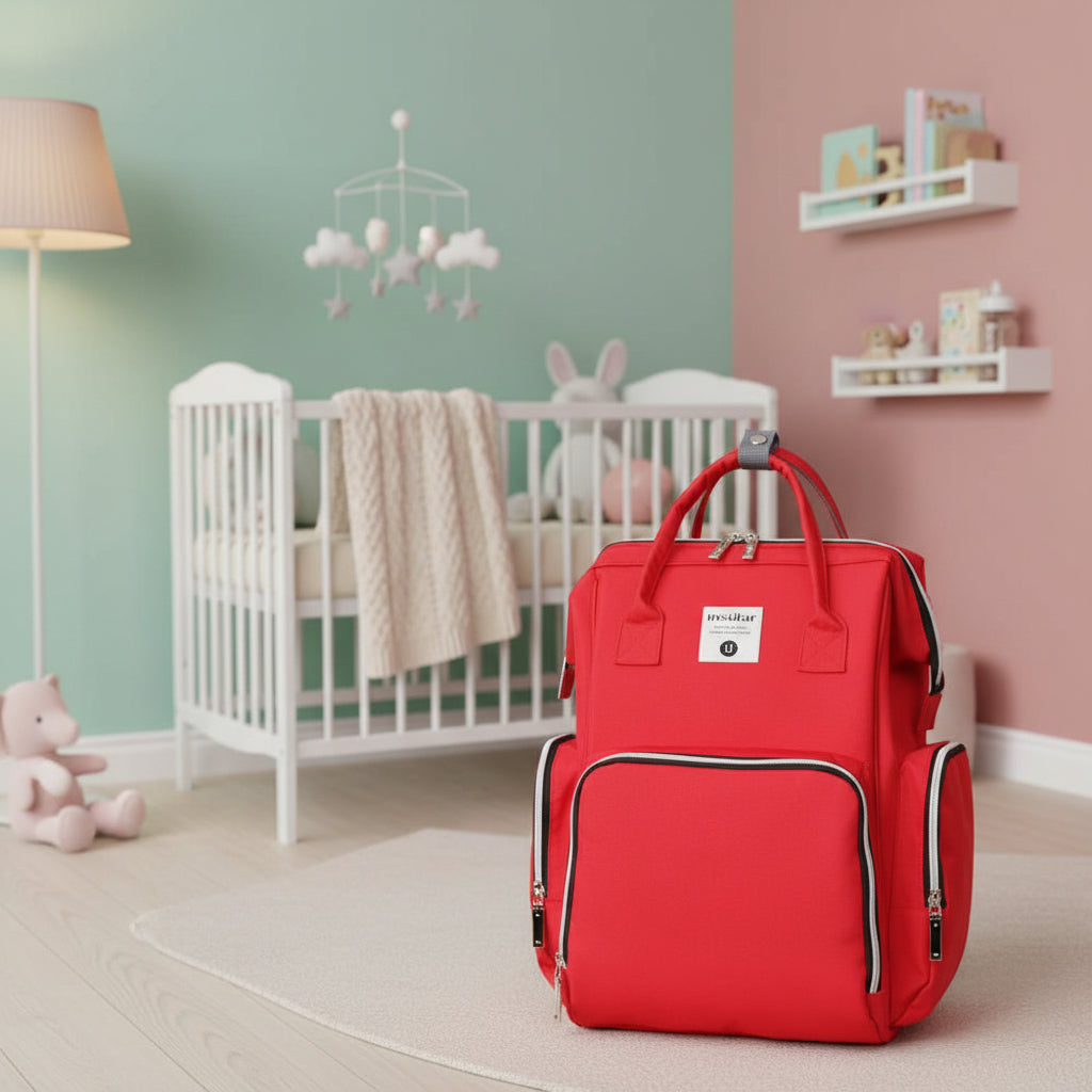 Sac a langer a dos rouge vif au design multipoches pour repartir couches et affaires de bebe.