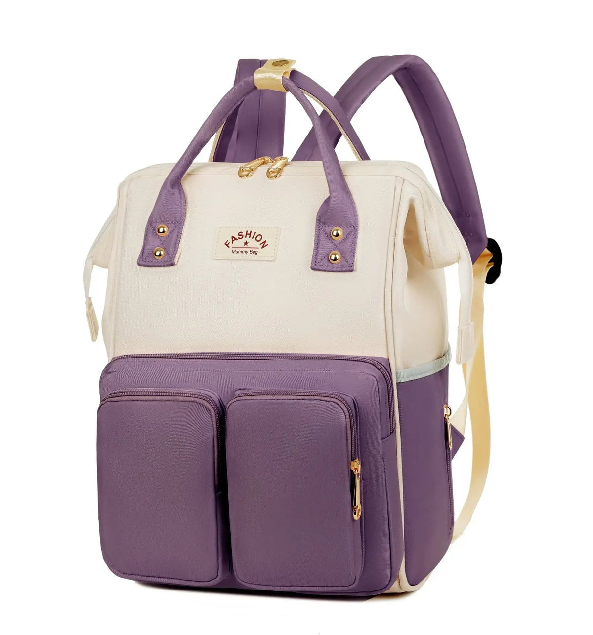 Coloris violet et ecru du sac a langer a dos, avec ses multiples poches zippees pour organiser lingettes, couches et tetines.