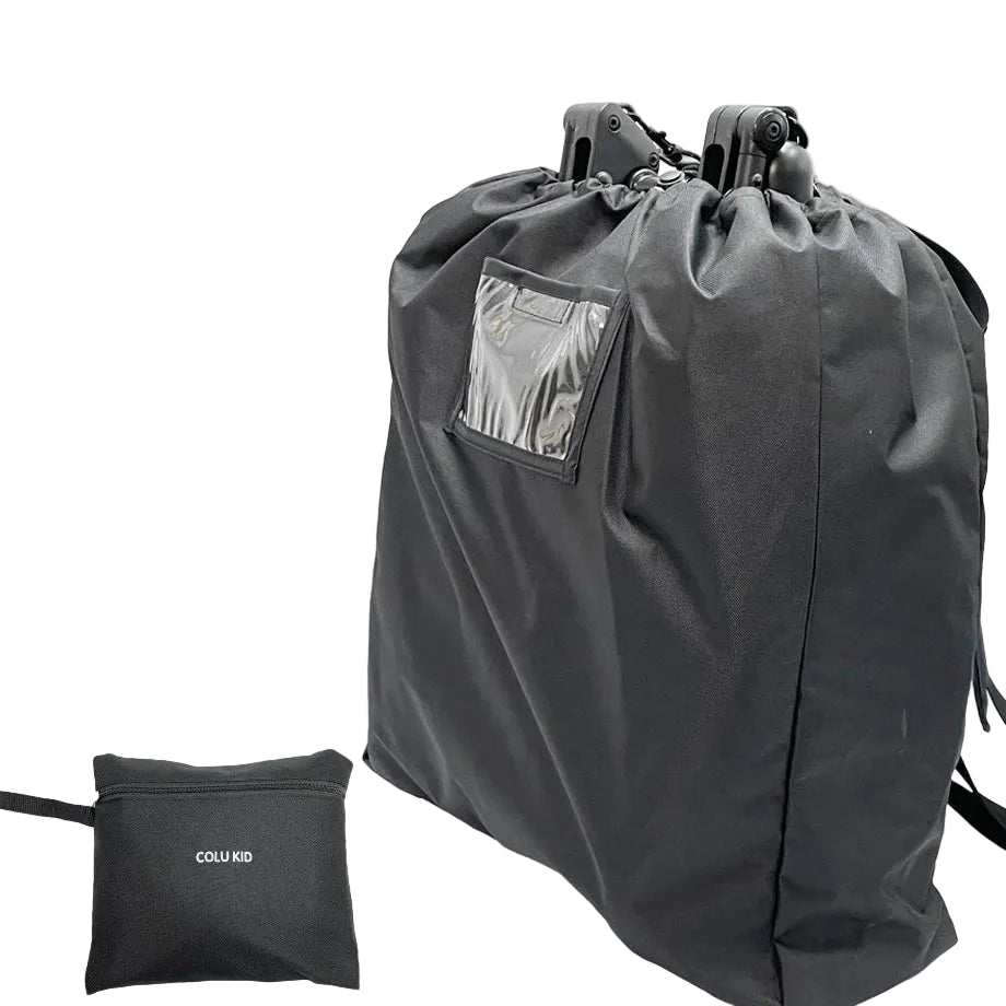 Sac de transport pour poussette a serrage par cordon se rangeant dans une pochette compacte