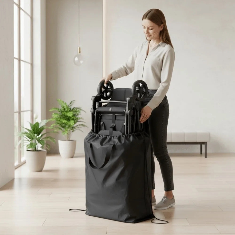 Utilisatrice range sa poussette dans le sac de transport ouvert en position debout