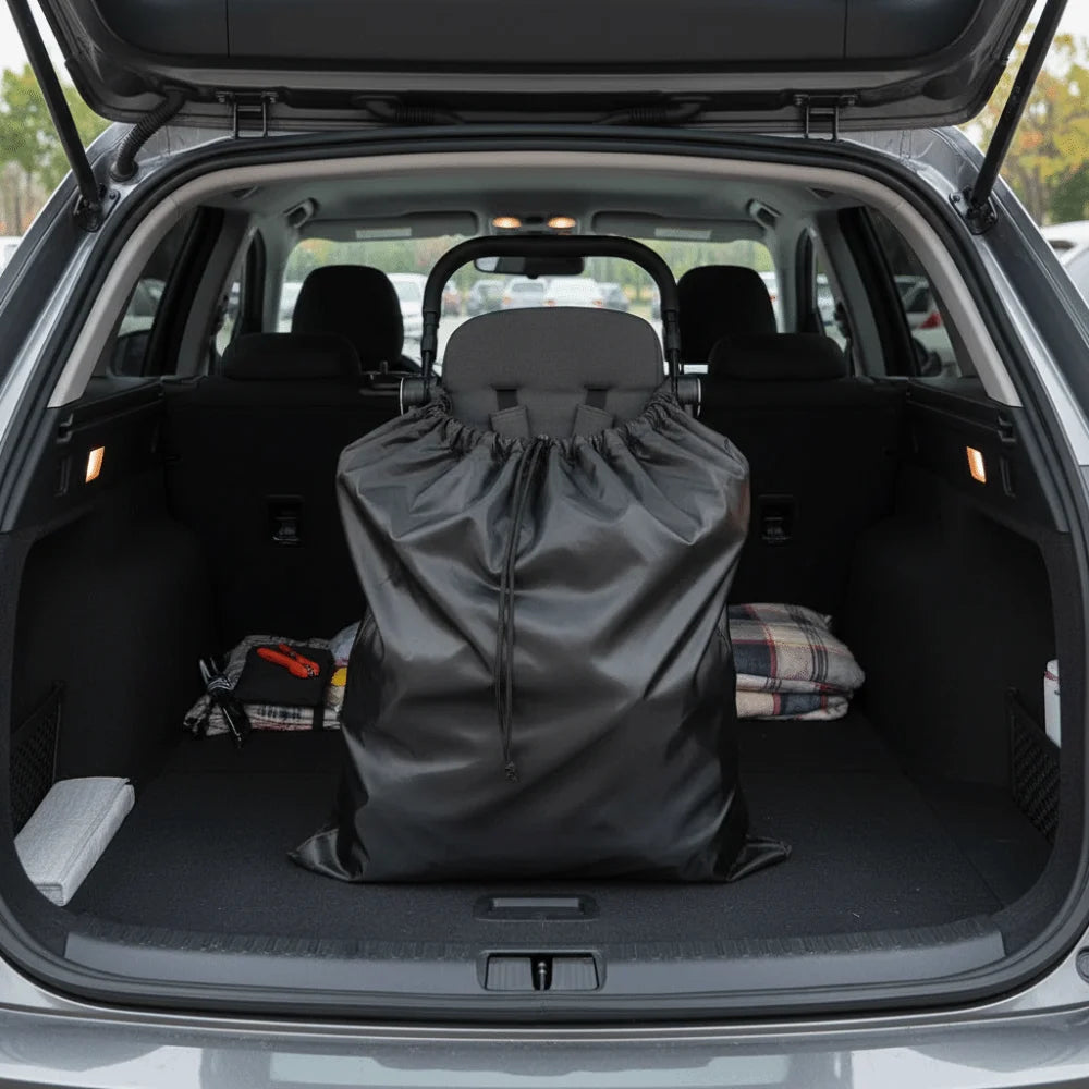 Sac de transport pour poussette bien cale dans le coffre du vehicule