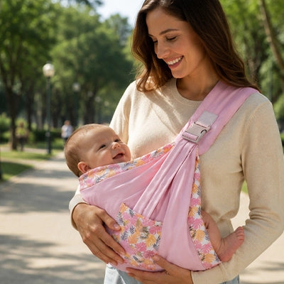 Mere profitant d'une balade au parc avec son bebe niche dans le sling rose, gardant un contact rassurant tout en marchant.