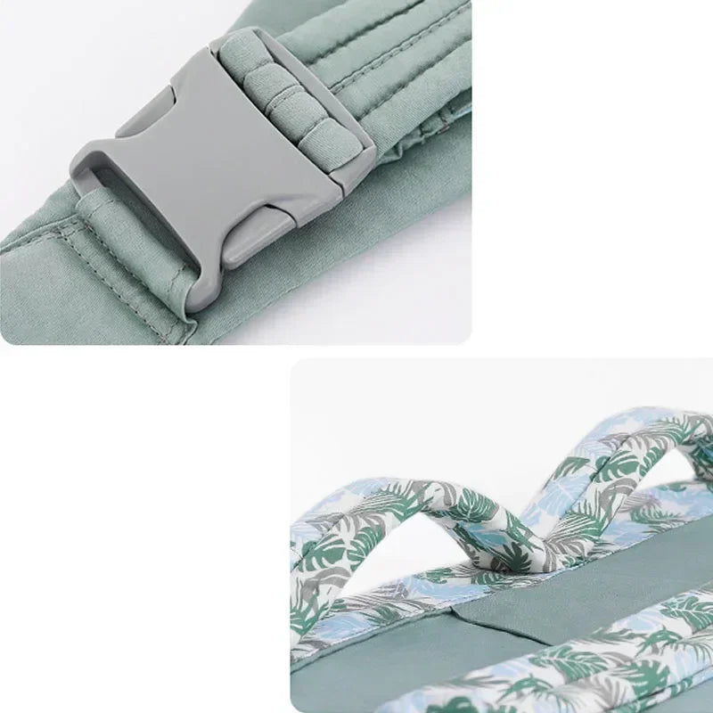 Boucle de securite rembourree et bretelles matelassees qui repartissent le poids pour un portage sans douleur.