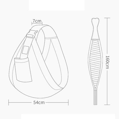 Schema technique du sling detaillant ses dimensions, sa sangle de 7 cm et sa poche pratique pour ranger les petits accessoires de bebe.