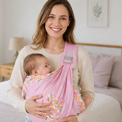 Maman souriante portant son bebe en toute serenite grace au sling rose reglable, ideal pour garder les mains libres a la maison.
