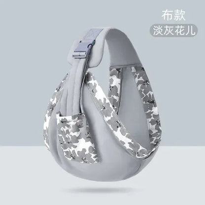 Sling de portage coloris gris fleuri presente seul, pret a accueillir bebe des la naissance.