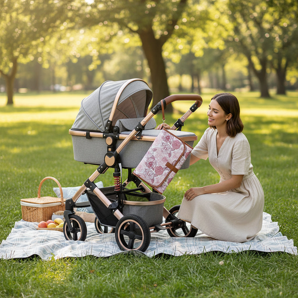 Tapis a langer de voyage imperiale accroche a une poussette et deplie pour changer bebe partout en toute simplicite.
