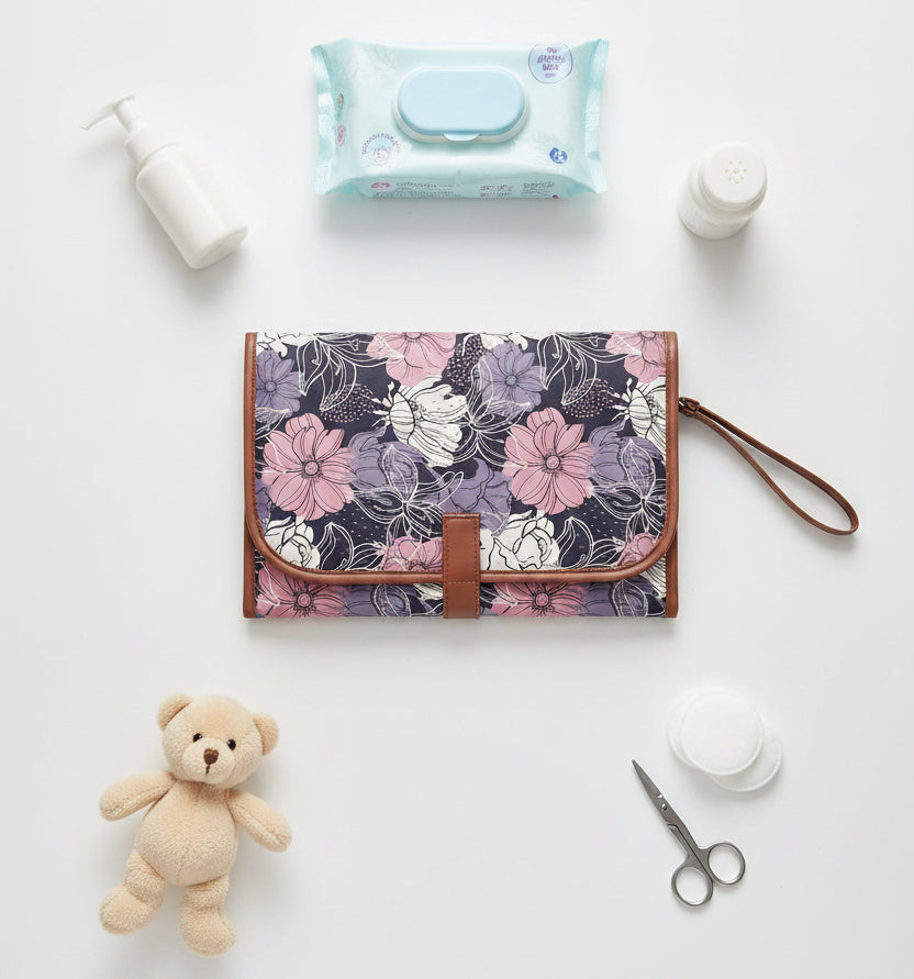 Tapis a langer de voyage plie dans un motif floral violet et rose avec finitions caramel, ferme par une patte pratique.