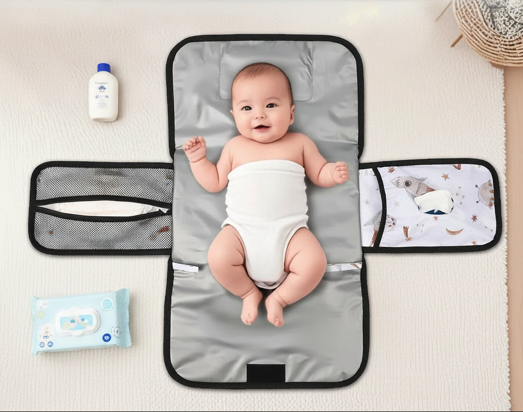 Bebe installe confortablement sur le tapis a langer deploye, calant sa tete sur le coussinet integre pendant le change.