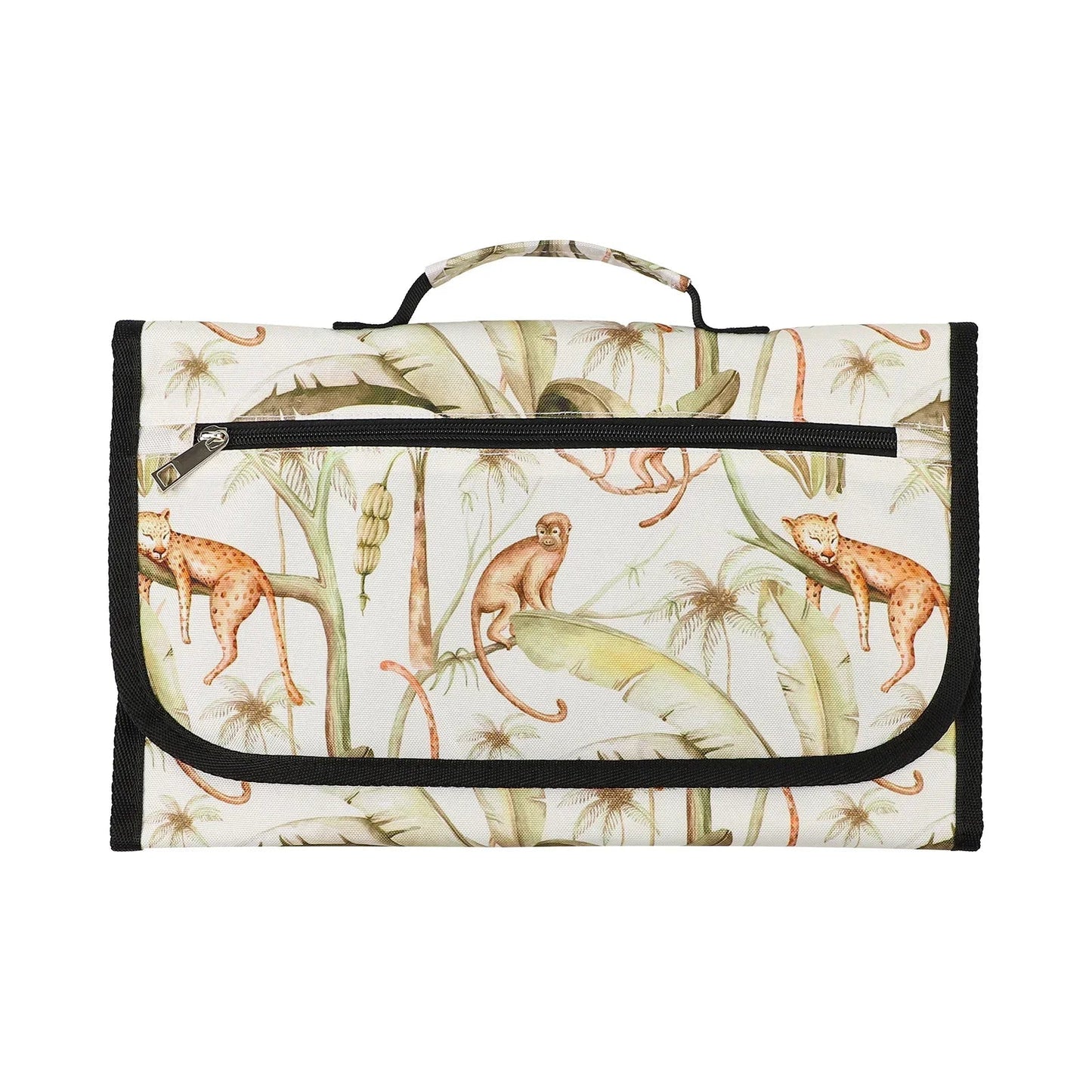 Version jungle avec singes et leopards, un choix de motif tendance parmi la gamme de tapis a langer portables.
