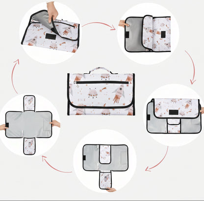 Sequence de pliage montrant comment le tapis se replie facilement en pochette compacte fermee par velcro et zip.