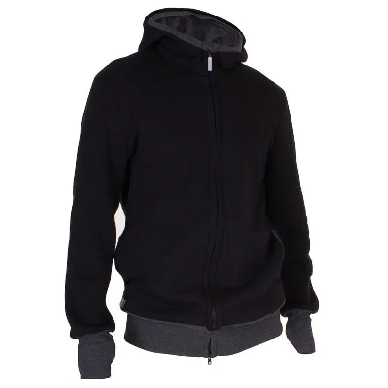 Veste de portage noire pour papa avec double fermeture zippee et capuche, ideale pour porter bebe au chaud.