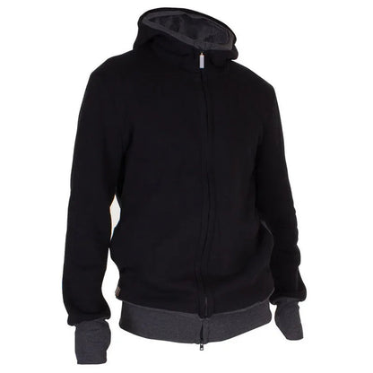 Veste de portage noire pour papa avec double fermeture zippee et capuche, ideale pour porter bebe au chaud.